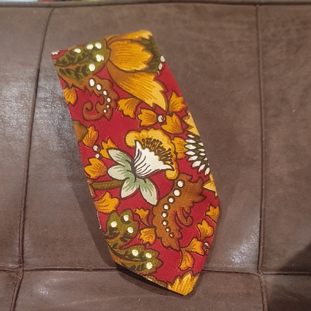 Men's Tie Floral Red and Yellow Cotton Vintage - Picture 1 of 2